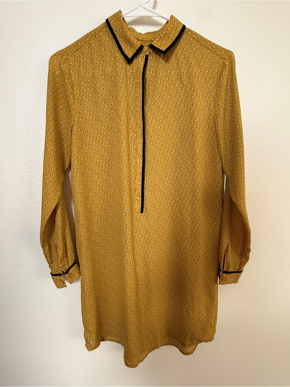 LOFT Mustard Yellow Dot Blouse with Black Trim